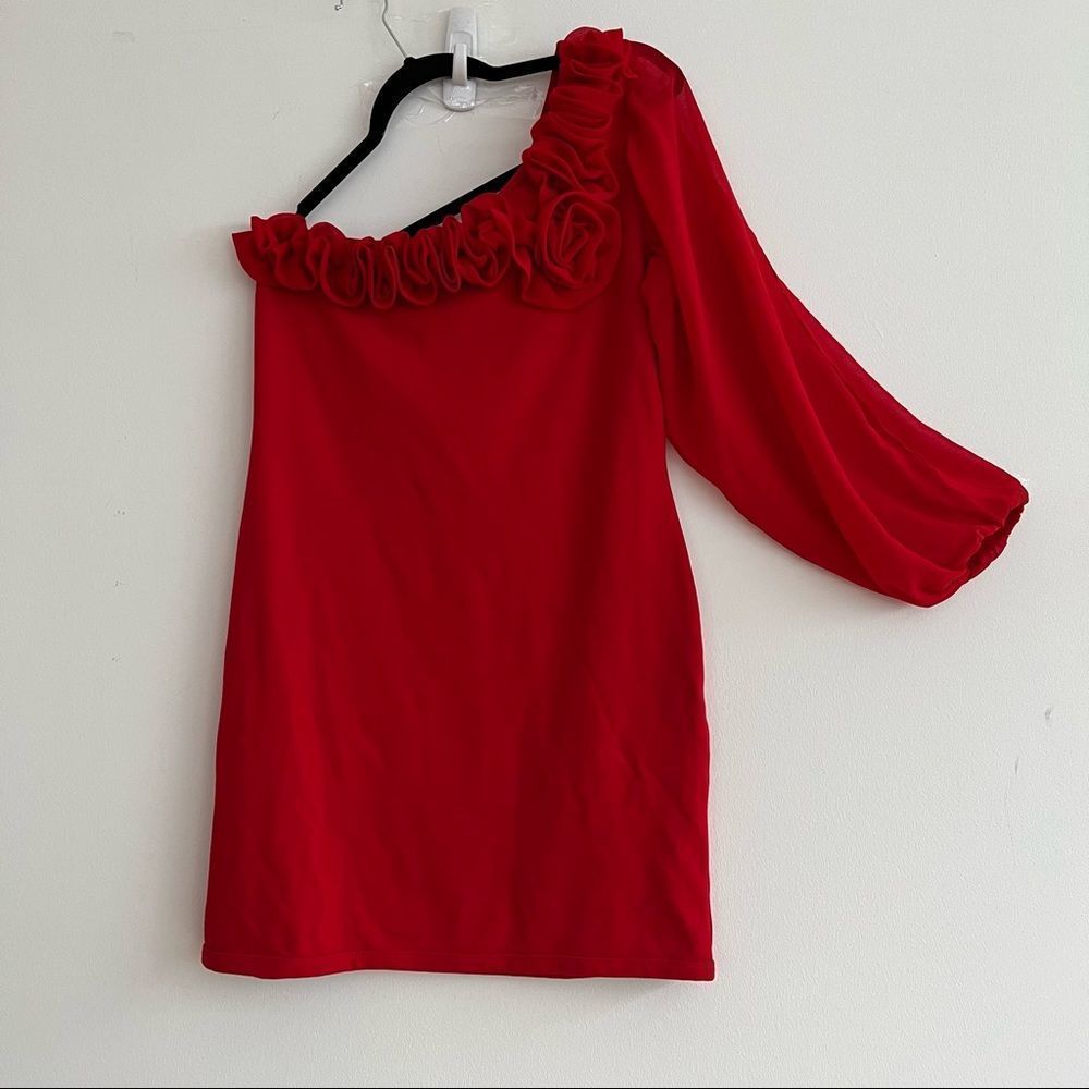 Venus Red Rose Bud Neckline One Shoulder Long Split Sleeve Mini Dress Size 14